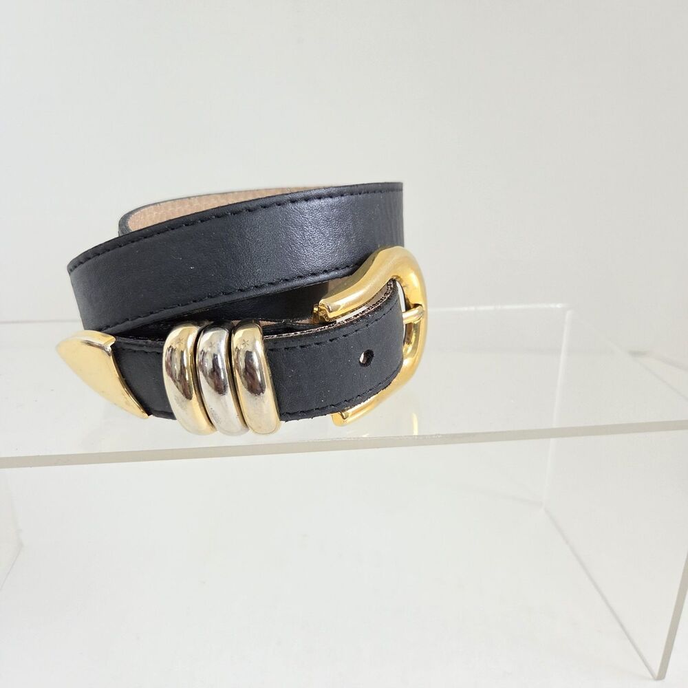VTG Kudos Women's Black Leather Belt 70/28 Gold Silver Horseshoe Fits 26-30"